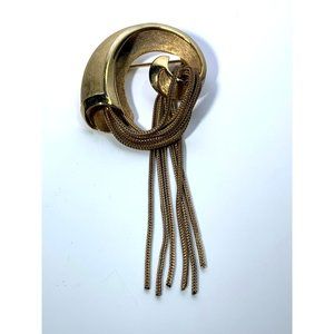 KRAMER Gold Swirl Brooch Chain Fringe Vintage Signed